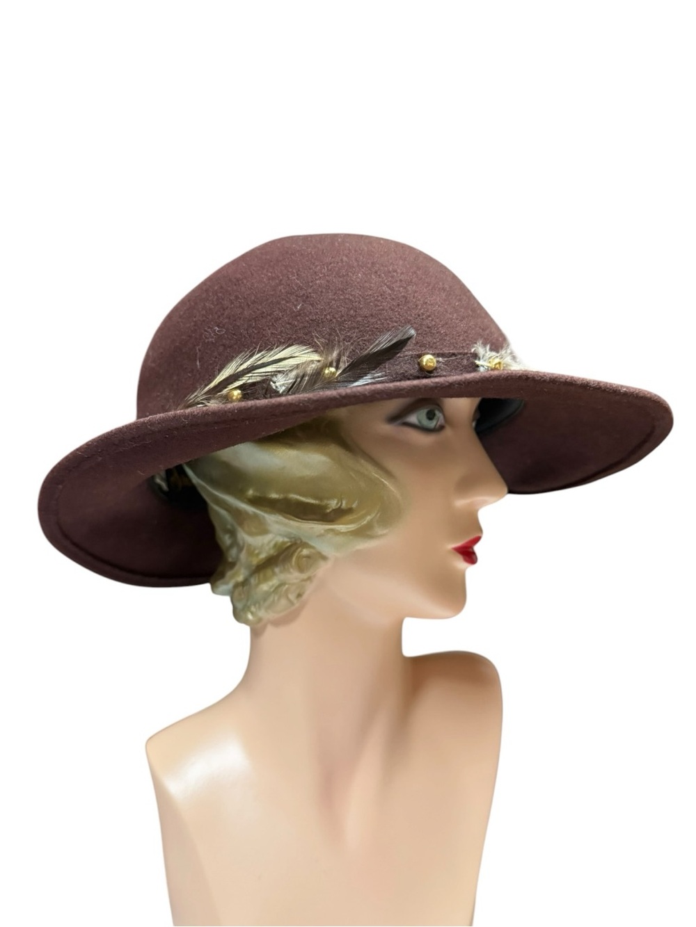 Vintage Smart Alex Brown Wool Wide Brim Hat with Feather Trim